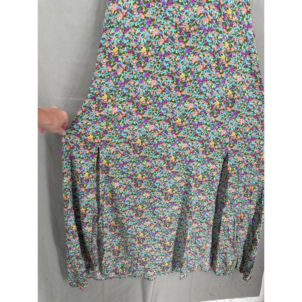 Silk Salt Dress Womens Medium Blue Floral Maxi Ditsy Front Slits Boho Cottage - Picture 3 of 10
